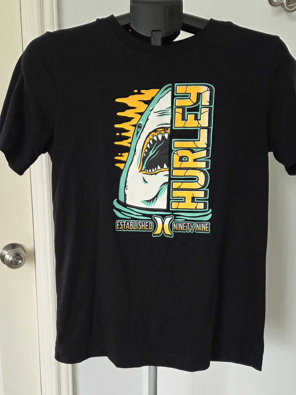 Hurley Black Shark Graphic Tee with Yellow & Teal Accents